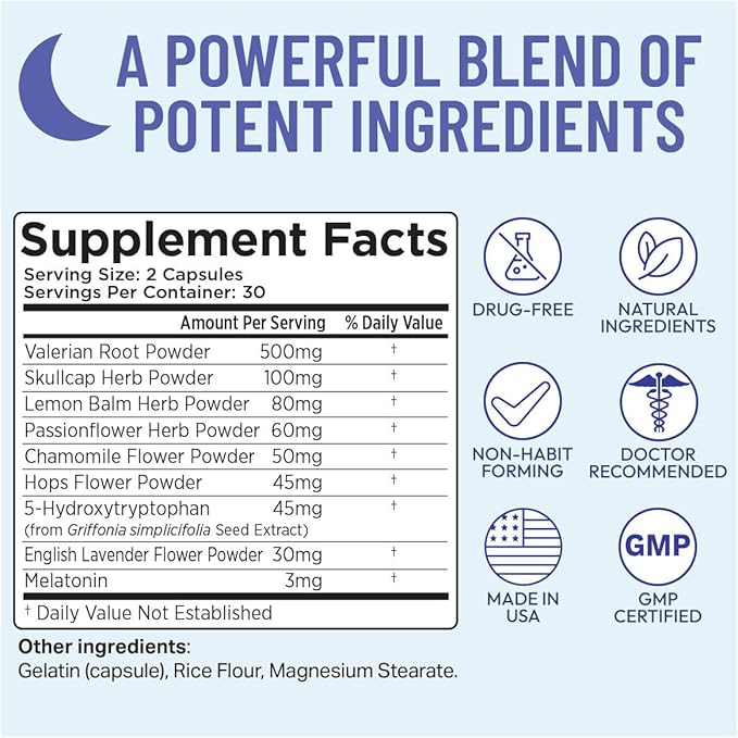 Somulin Nighttime Complex Sleep Aid - Powerful All-Natural Maximum Strength Formula - Fall Asleep &amp Stay Asleep - Feel Rested &amp Refreshed - Melatonin Valerian Root Chamomile &amp 5-HTP - 60