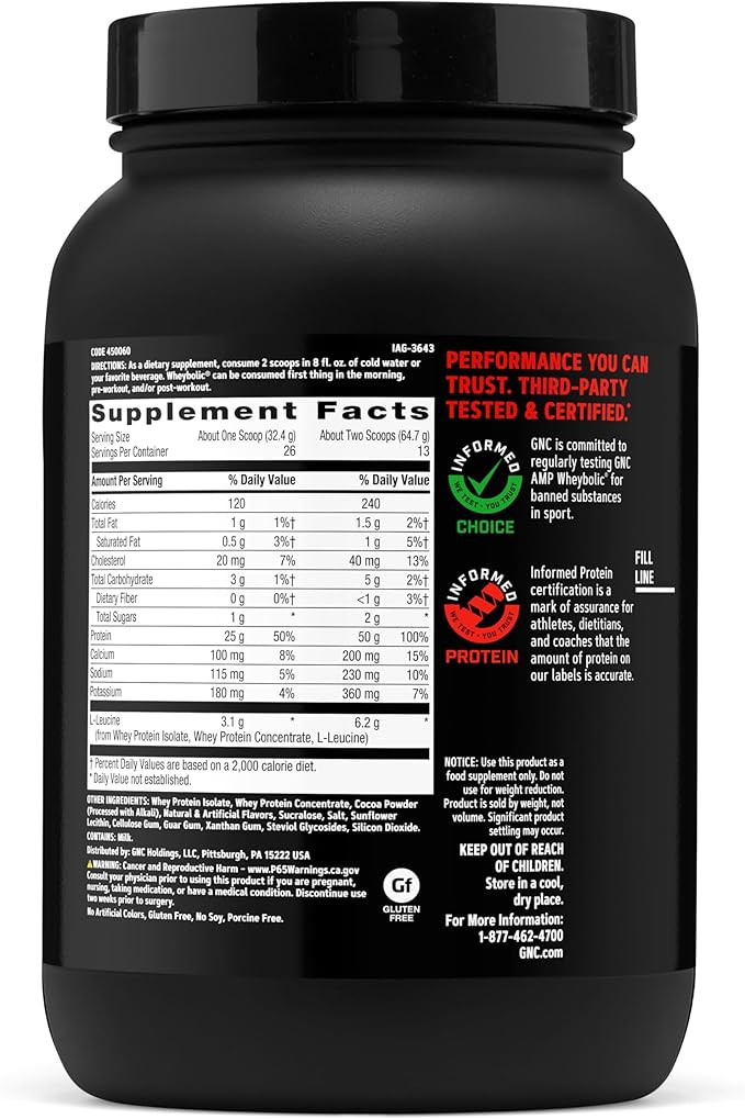 GNC AMP Wheybolic Clinically Proven Protein Powder 50g Whey Protein BCAA Leucine Increases Muscle Strength Muscle Building 3rd Party Tested Gluten Free Chocolate Fudge 13 Servings