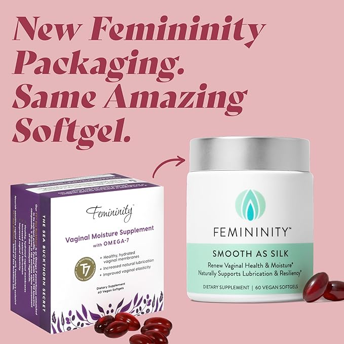 Femininity Smooth as Silk 30-Day Starter Kit for Vaginal Dryness (60 Softgels &amp Refillable Glass Jar) – Sea Buckthorn Oil with 365mg Omega 7 + Omega 3 and Omega 9