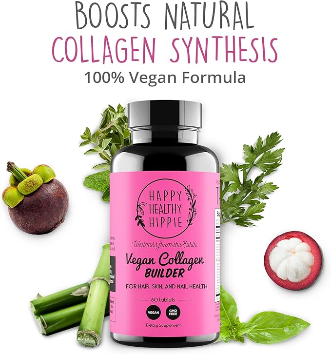 Vegan Collagen Builder w/ Hyaluronic Acid – Hair Skin and Nails Vitamins for Youthful Glow | Keratin &amp Elastin Booster | Bones Cartilage Tendons | Vitamin A L-Lysine | Vegetarian | Non-GMO 60