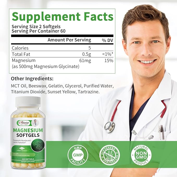 Magnesium Glycinate Supplement 500mg High Absorption Dietary Supplement Softgels for Sleep Muscle Heart Support Gluten Free Non GMO 180 Capsules 90 Day Supply