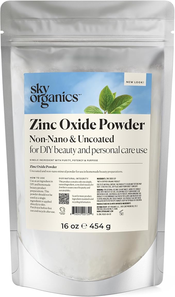 Sky Organics - Zinc Oxide Powder 16 oz - Non-Nano &amp Uncoated - Make Your Own Lotion Deodorant Cream Soap - DIY Essentials - Resealable Bag - Natural Vegan &amp Cruelty Free - Beauty &amp Pe