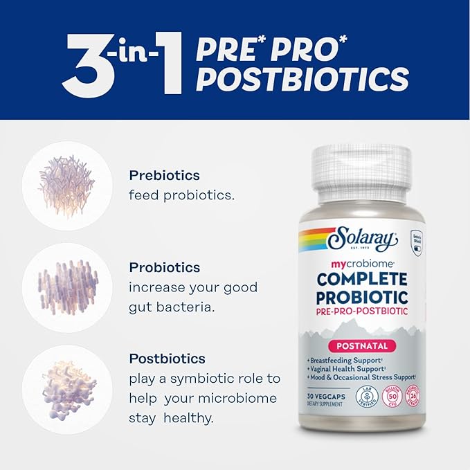SOLARAY Mycrobiome Complete Probiotic Postnatal - Pre and Probiotics for Women and Men Plus Postbiotic - 50 Billion CFU 23 Strains - Vegan Clinically Studied Ingredients - 30 Servings 30 VegCaps