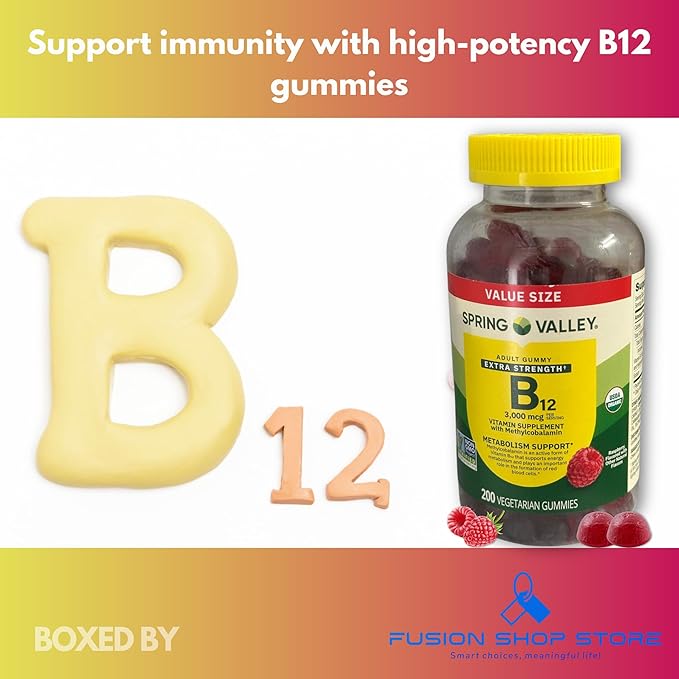 Vitamin B12 Gummies Raspberry Flavor- Extra Strength 3000 mcg Vegetarian 200 Count (Pack of 1) Boxed by Fusion Shop Store