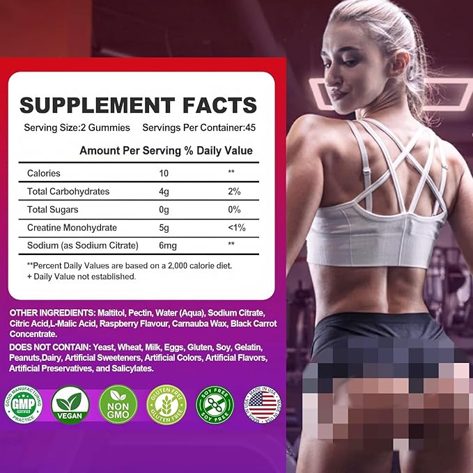Creatine Monohydrate Gummies Infused with 5g Creatine for Men and Women Chewable Creatine Monohydrate for Muscle Strength Muscle Builder Energy Boost Pre-Workout Supplement- 180 Raspberry Gummies