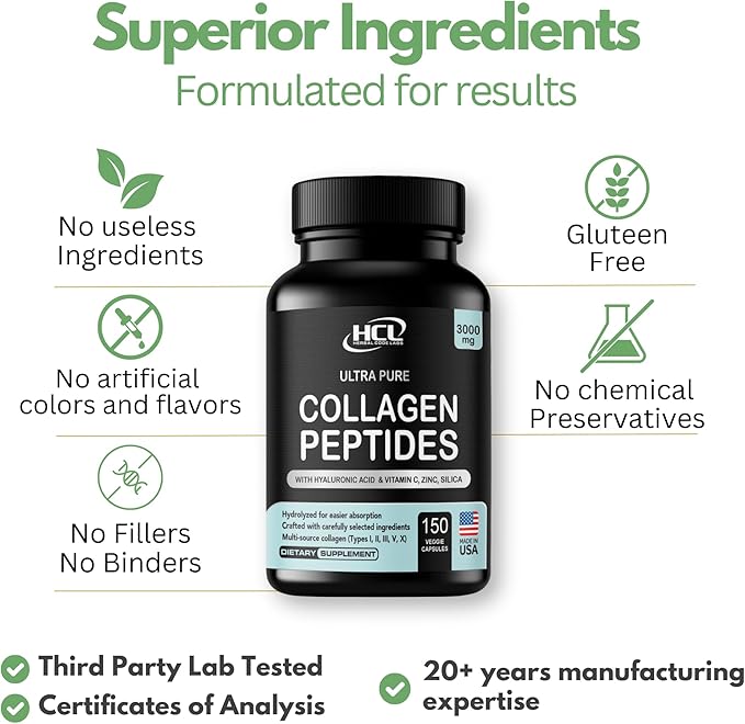 HCL HERBAL CODE LABS Collagen Peptides Powder with Vitamin C &amp Hyaluronic Acid - Cleanest Sources &amp Super High Absorption - Hydrolyzed Multi Type I II III V X - Skin Hair Supplement (Capsu