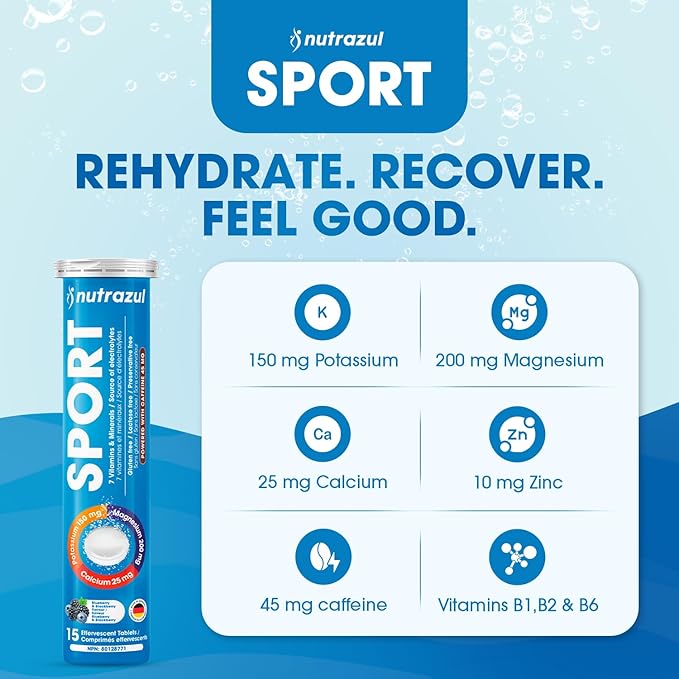 nutrazul Sports Effervescent Tablets Electrolytes &amp 7 Vitamins &amp Minerals Daily Hydration and Energy 45mg Caffeine Blueberry &amp BlackBerry Flavor 30 Count