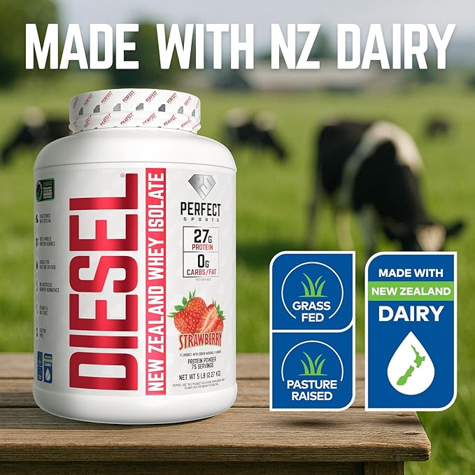 PERFECT SPORTS Diesel 100% New Zealand Whey Protein Isolate | Stevia Sweetened No Artificial Ingredients Keto | 0g Carb 0g Fat 27g Protein | 5 Pounds (Strawberry)