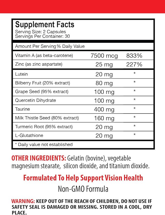 Turmeric Root - Eye Vision Guard - Lutein Grape Bilberry Fruit Quercetin Dihydrate Taurine Milk Thistle L-Glutathione Turmeric Root Grape Bilberry Fruit 2 Bottles 120 Capsules