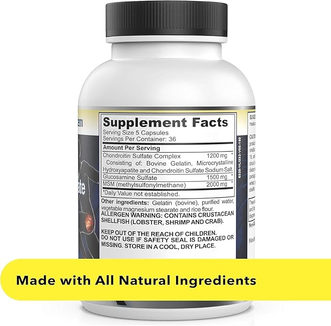 Glucosamine Chondroitin MSM Supplement for Joint &amp Bone Health - 120 Capsules | Joint Support &amp Discomfort Relief for Back Knees Hands