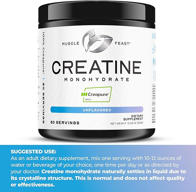 Muscle Feast Creapure Creatine Monohydrate Powder Vegan Keto Friendly Gluten-Free Mass Gainer Muscle Recovery Supplement and Trusted Creatine for Muscle Growth Creatine Powder Unflavored 300g