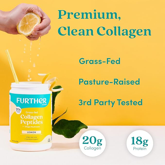 Further Food Lemon Collagen Peptides Powder - 100% Grass-Fed Hydrolyzed Type 1 &amp 3 20g of Collagen per Serving Supports Skin Hair Nails &amp Joints 10.5 Oz