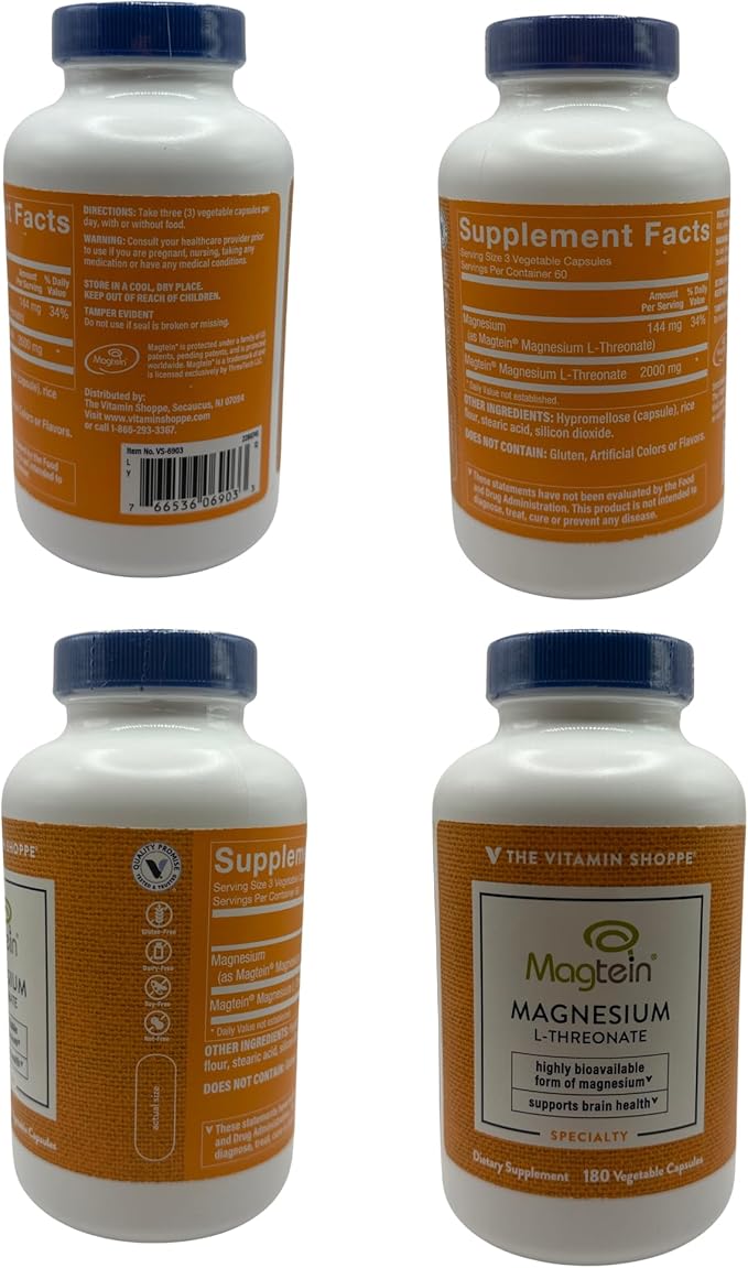 Magnesium L-Threonate with Magtein a Supports Brain Health (180 Vegetable Capsules)
