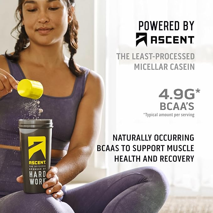 Ascent Casein Protein Powder - 25g Micellar Casein Powder with Zero Artificial Flavors &amp Sweeteners Gluten-Free No Added Sugar 4.9g BCAA 2.2g Leucine - Chocolate 2 Pounds