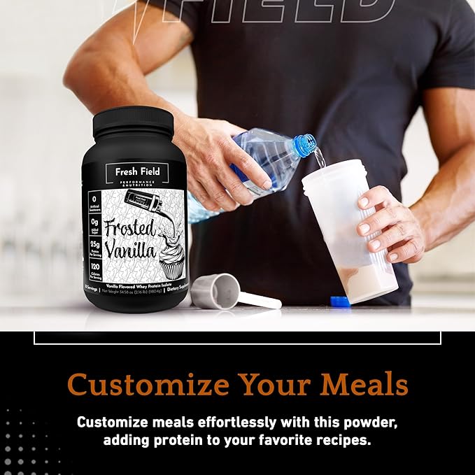 Fresh Field Vanilla Protein Powder - 25g Whey Protein Isolate Gluten-Free &amp Soy-Free Sugar-Free 30 Servings - Natural Whey Protein Powder for Workout Fitness &amp Nutrition Shakes - 2.16 lb
