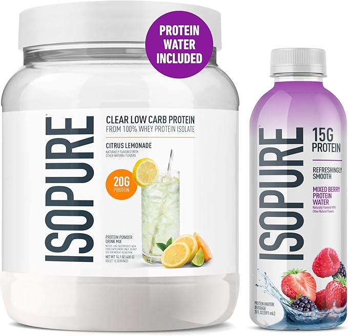 Isopure Clear Whey Isolate Citrus Lemonade Protein Powder 16 Servings + 1 Bottle of Clear Protein Water with Electrolytes 15g Whey Protein Isolate Zero Sugar Mixed Berry 20 fl oz Bottle