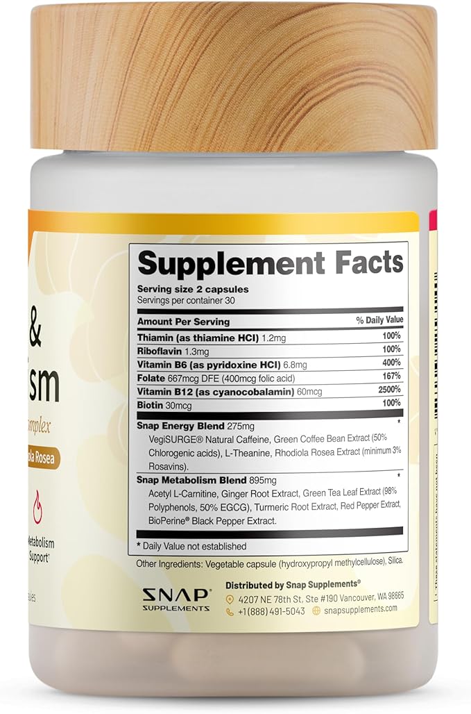 Snap Supplements Energy &amp Metabolism Herbal Complex for Fatigue Stress Relief Energy Booster &amp Better Mood Energy Pills for Women &amp Men 60 Capsules (30 Servings 1 Month Supply)