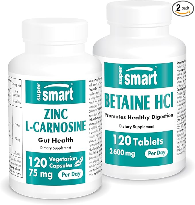 Supersmart - Zinc L-Carnosine + Betaine HCl Bundle (Gastric Health) | Non-GMO &amp Gluten Free - Vegetarian Capsules