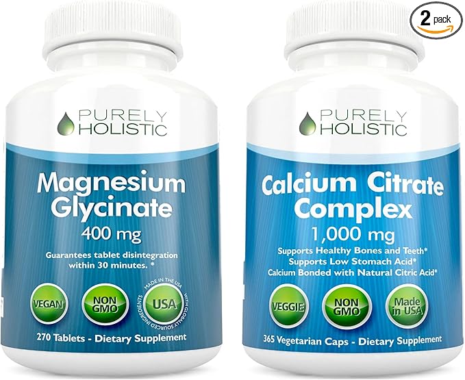 Magnesium Glycinate 400mg + Calcium Citrate 1000mg with Parsley Dandelion &amp Watercress - Vegan Bundle - 270 Tablets &amp 365 Capsules
