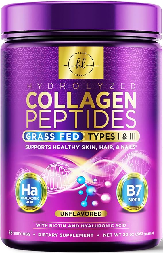 Collagen Peptides Powder 20G Per Serving - Grass Fed Hydrolyzed Collagen Powder Type I &amp III with Hyaluronic Acid &amp Biotin For Women Unflavored - Hair Skin Nails &amp Joint Support - 28 Se