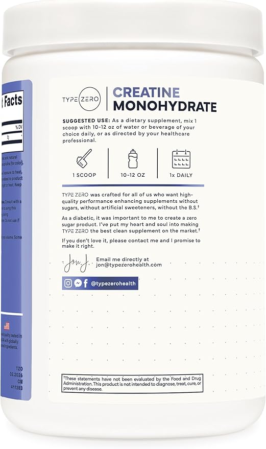 Type Zero Creatine Monohydrate Powder 500 Grams Blue Raspberry Flavor - Gluten-Free
