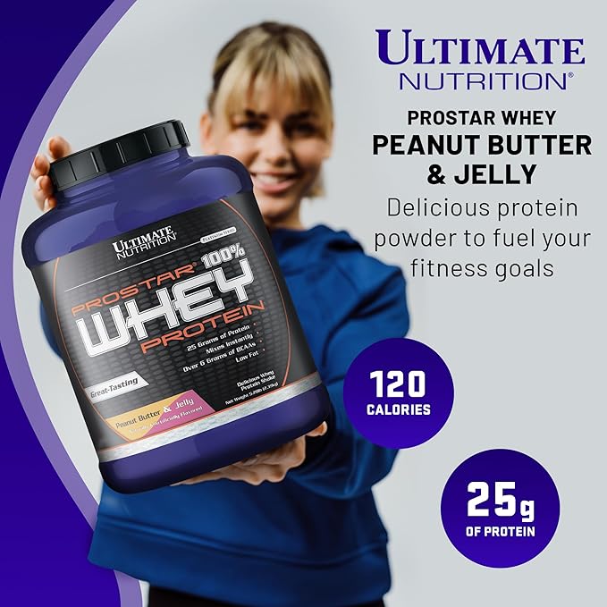 Ultimate Nutrition Prostar Whey Protein Powder Isolate Peanut Butter &amp Jelly - Low Carb High Protein Powder Shake for Muscle Gain &amp Recovery - Low Sodium Low-Fat &amp Keto Friendly - 5.28