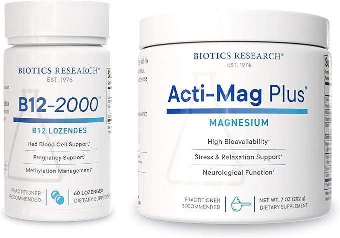 Biotics Research B12-2000™ Lozenges &amp Acti-Mag Plus™ Powder – High Potency Vitamin B12 B6 Folate &amp 400mg Magnesium – Methylation Energy Relaxation Heart &amp Muscle Support - 60 Lozenges