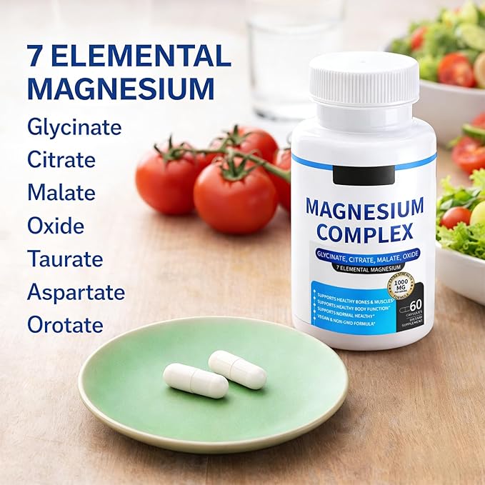 Magnesium Complex 1000 mg — 7-in-1 Magnesium (Glycinate Citrate &amp Malate) for Sleep Support Stress Relief Muscle Recovery — Vegan 60 Capsules