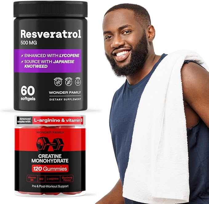 Gym Endurance Bundle - Resveratrol for Heart Support - Creatine Monohydrate Gummies 5g for Muscles - 60 Resveratrol 500MG Softgels 120 Creatine Chewables