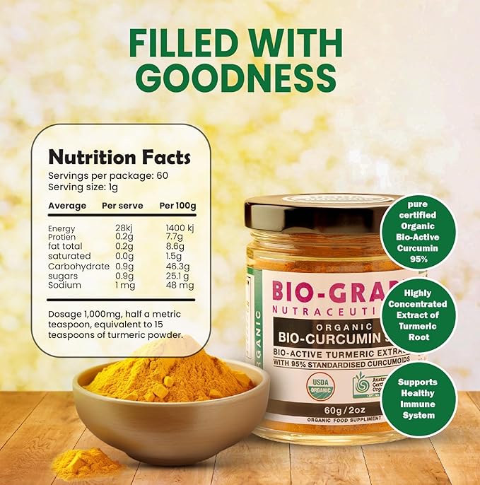 Turmeric Curcumin Extract 95% bio antioxidant USDA Organic Turmeric Powder 60g dose Curcumin Supplements for Joint Support and high Absorption to Boost Immune Support.