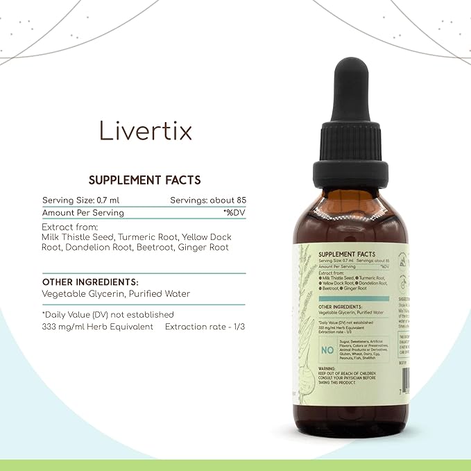 HerbEra Livertix B60 Alcohol-Free Extract Tincture Concentrated Liquid Drops Natural: Milk Thistle Seed Turmeric Root Yellow Dock Root Dandelion Root Beetroot Ginger Root. Liver Support 2 Fl Oz