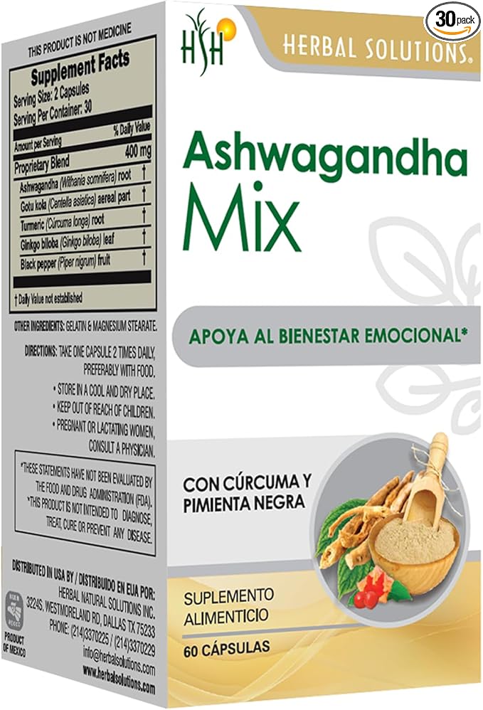 Herbal Solutions Ashwagandha Mix - Natural Stress Nutrition Support &amp Energy Nutrition Support Supplement with Turmeric - 60 Vegan Capsules for Mental Clarity and Focus