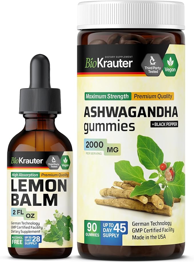 BIO KRAUTER Lemon Balm Tincture 2 Fl. Oz. &amp Ashwagandha 90 Gummies.