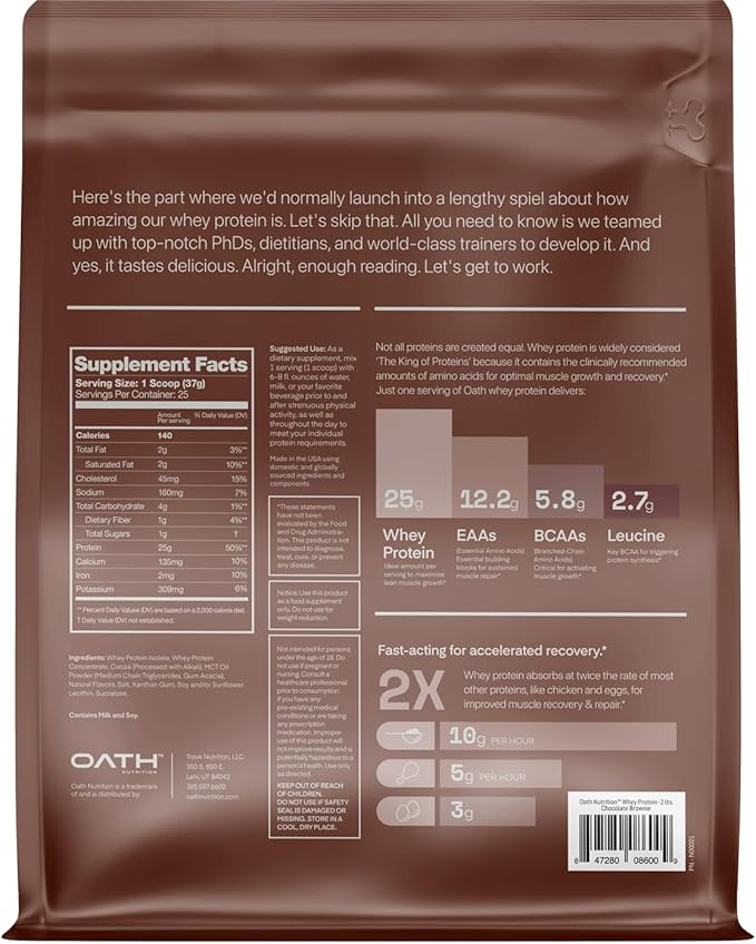Oath Nutrition Whey Protein Powder Chocolate Brownie 25 Grams of Protein and Only 1 Gram of Sugar per Serving 2 lbs 25 Servings