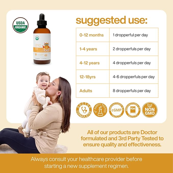 Organic Liquid Zinc by Dr. Ana Maria Temple | Immune &amp Skin Support | USDA Certified Organic No Artificial Ingredients or Natural Flavors | Family Friendly Dosing | 4 Fl Oz