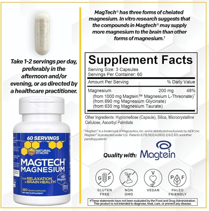 NATURAL STACKS Magtech Magnesium + Lions Mane Supplement Bundle - Supports Cognitive Function Brain Health &amp Relaxation* - 240 Total Capsules