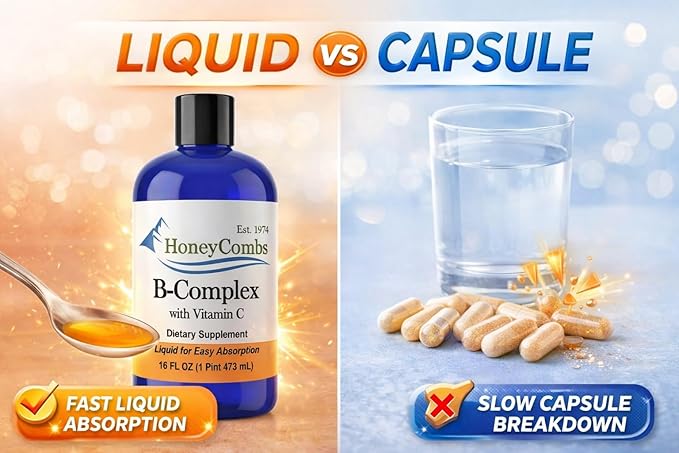 HoneyCombs Liquid Vitamin B Complex Drops B-Complex Supplement with B12 B6 B1 B2 B3 B5 B7 B9 + Vitamin C – Methylated Multivitamin Liquid Vitamins for Energy Support – Fast Absorbing Vegan USA