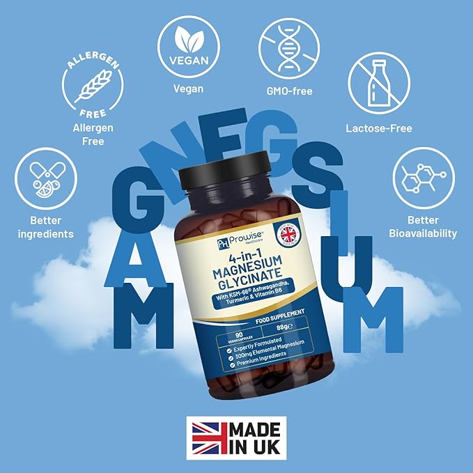 4-in-1 Magnesium Glycinate Added with KSM-66 Ashwagandha Turmeric and Vitamin B6 | 90 Vegan Capsules | 4001 mg per Serving | Easy to Swallow Capsule | GMO &amp Gluten Free | Premium Quality by Prow