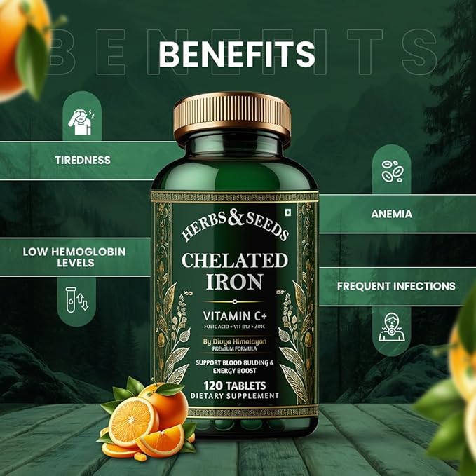 HERBS &amp SEEDS Extra-Strength Chelated Iron Highly Highly-Absorbable Iron Supplement for Women &amp Men 65 mg for Healthy Red Blood Cell Production Gluten-Free Non-GMO Dairy-Free Vegan 120 P