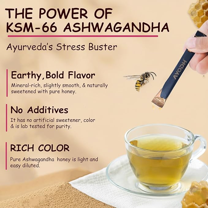 Premium KSM-66 Ashwagandha Honey Sticks – 30 Natural Himalayan Honey Sticks with 400 mg Ashwagandha Extract Promotes Relaxation &amp Calm Focus Non-GMO Daily Adaptogen Wellness