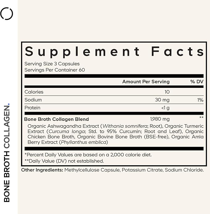 Codeage Organic Bone Broth Collagen Peptides Capsules Supplement Bone Broth Grass Fed Beef Free-Range Chicken Turmeric &amp Ashwagandha - Collagen Types I II III - Non-GMO - 180 Capsules