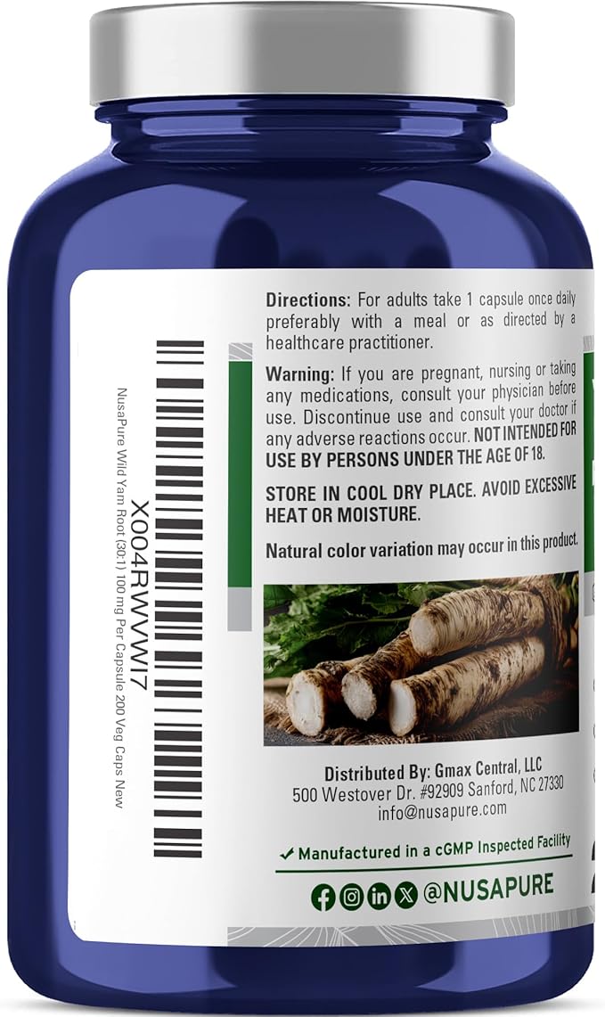 NusaPure Wild Yam Root Capsules 100 mg 200 Veg Capsules (Non-GMO Vegan)