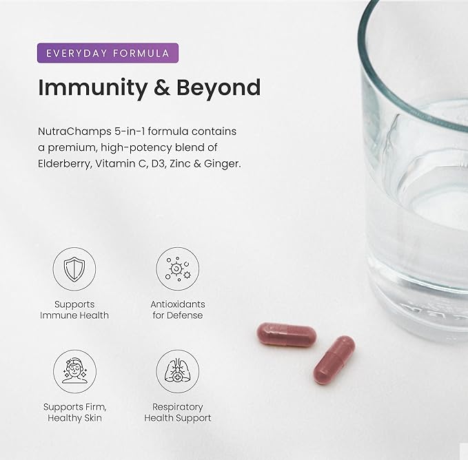Elderberry with Vitamin C and Zinc - 5 in 1 - Immunity Support Supplement 10000mg Sambucus Black Elderberry Capsules with Vitamin D3 5000 IU Sambucus Elderberry Extract - Immune Booster for Adults