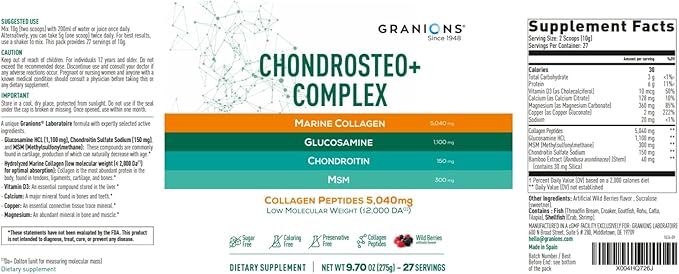 Granions Glucosamine Chondroitin MSM Complex Powder – Joint Supplements for Men and Women - Chondrosteo Hydrolyzed Marine Collagen Peptides Pack of 2 – Wild Berry Flavor 19.8oz
