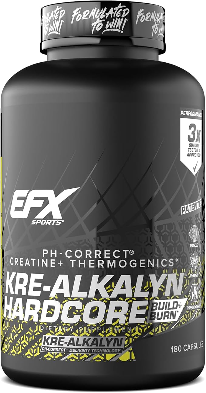 EFX Sports Kre-Alkalyn Hardcore | Thermogenic pH Correct Creatine Monohydrate Pill Supplement | Energy &amp Strength Pre Workout | 60 Servings 180 Capsules