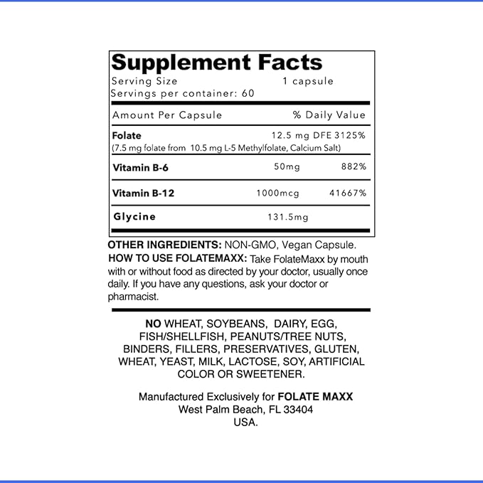 L Methylfolate 7.5mg with Active Vitamin B Complex – 60 Capsules – High Potency 5-MTHF with B6 Blend and Methyl B12 Supplement – 3-in-1 Non-GMO Gluten Free (2-Month Supply)