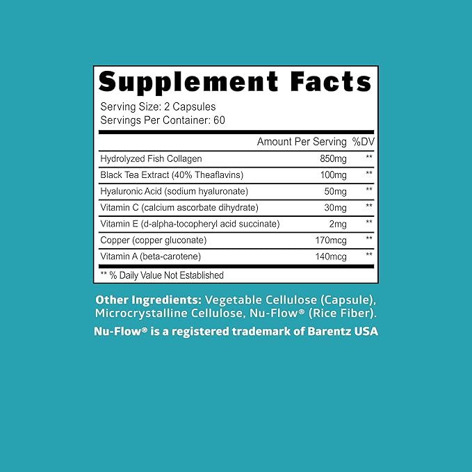 Hydrolyzed Marine Collagen with Hyaluronic Acid Vitamin C Theaflavin and Copper Collagen Supplement for Women and Men for Radiant Skin Hair &amp Nails Gluten Free and Non-GMO 120 Veg Caps