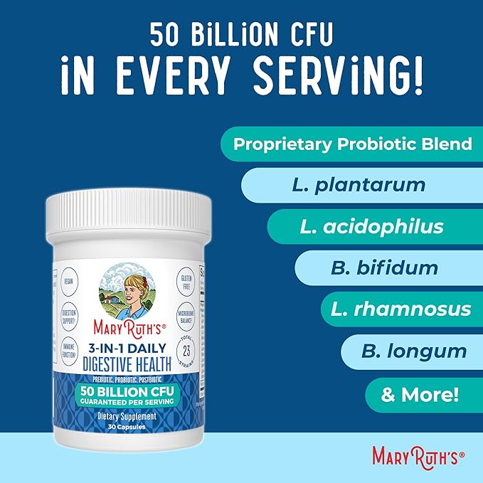 MaryRuth's 3-in-1 Probiotics for Digestive Health | Prebiotic &amp Postbiotic | Gut Health Supplement for Women &amp Men | 23 Unique Strains | Immune Support | 50 Billion CFU | 30 Servings
