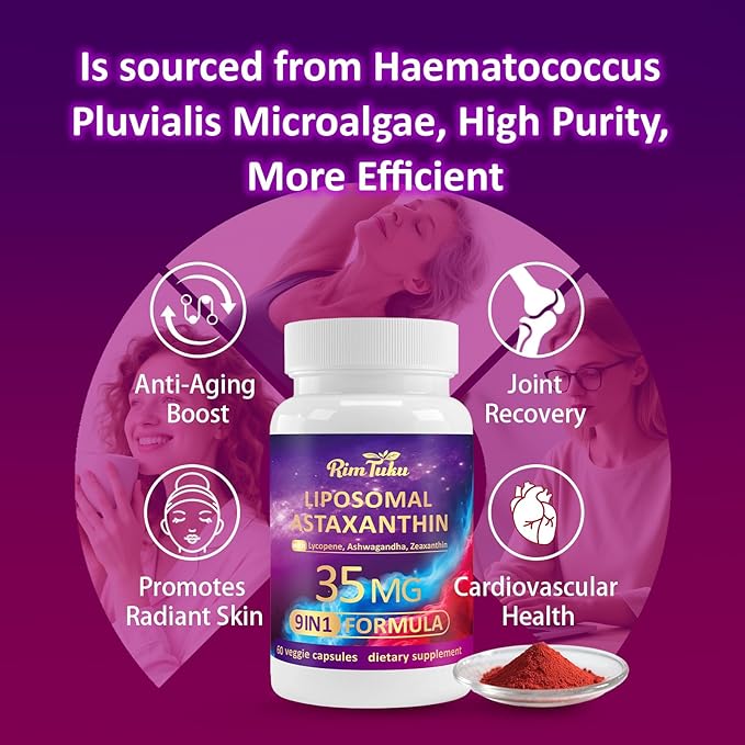 Liposomal Astaxanthin Supplement Complex 9-in-1 with Ashwagandha Lycopene Zeaxanthin Antioxidant Supplement Support Eye Skin &amp Joint Health 180 Capsules