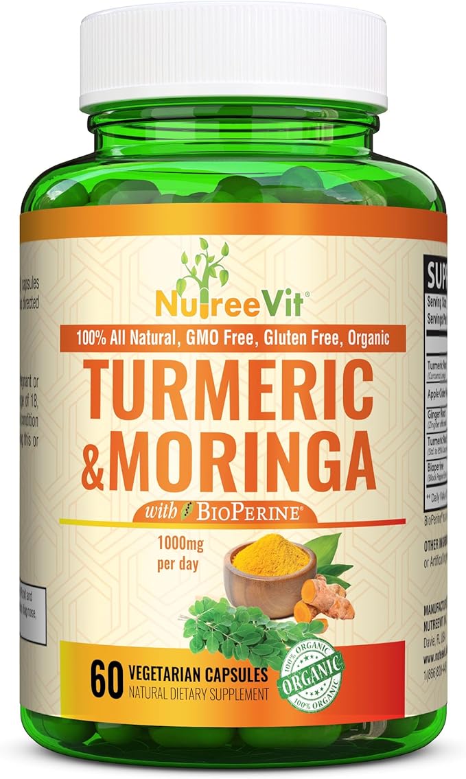 NutreeVit 100% Organic Turmeric Curcumin with Moringa Oleifera and Bioperine Supplement. Made in USA (200 Count)